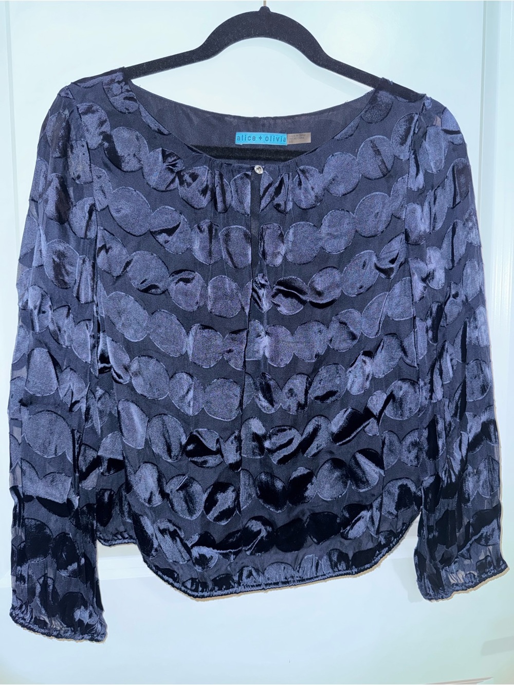 Alice + Olivia Navy Blue Textured Satin Round-Neck Long Sleeve Blouse